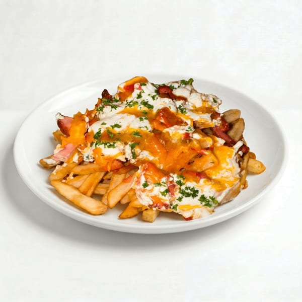 Loaded fries with melted cheese, bacon, white sauce, and parsley on a white plate.
