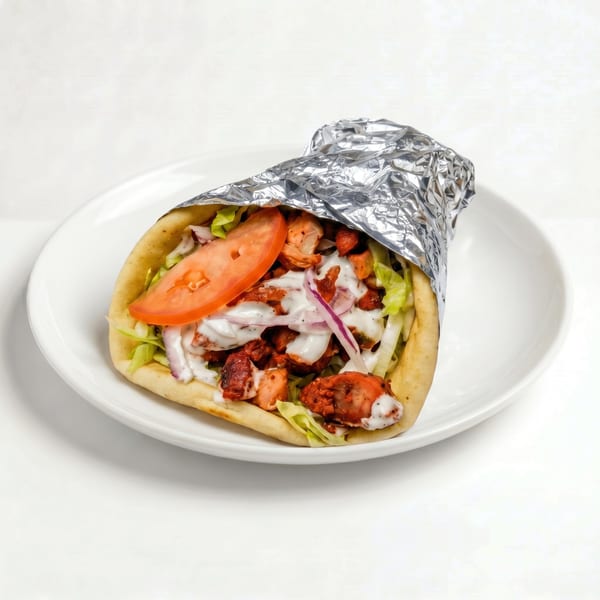 Chicken tikka wrap with lettuce, tomato, red onion, and white sauce, partially wrapped in foil.
