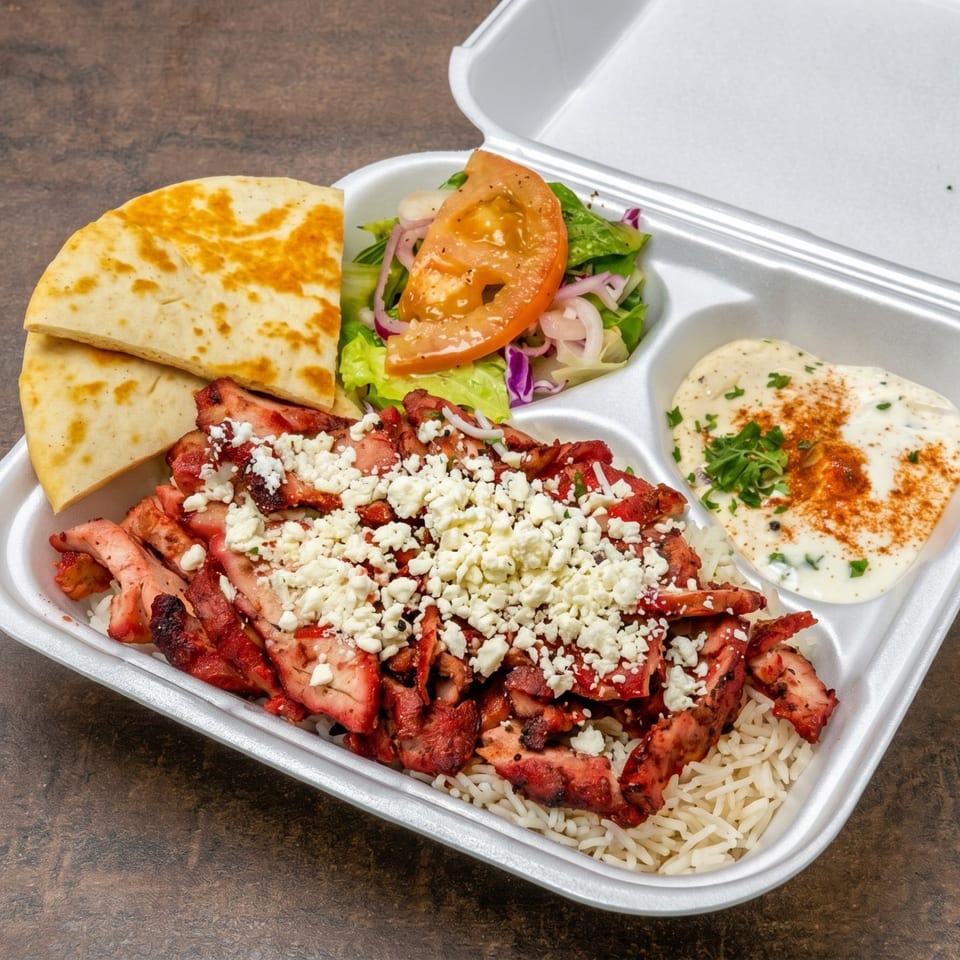 Chicken shawarma with rice, feta, pita bread, salad, and a side of sauce in a takeout container.