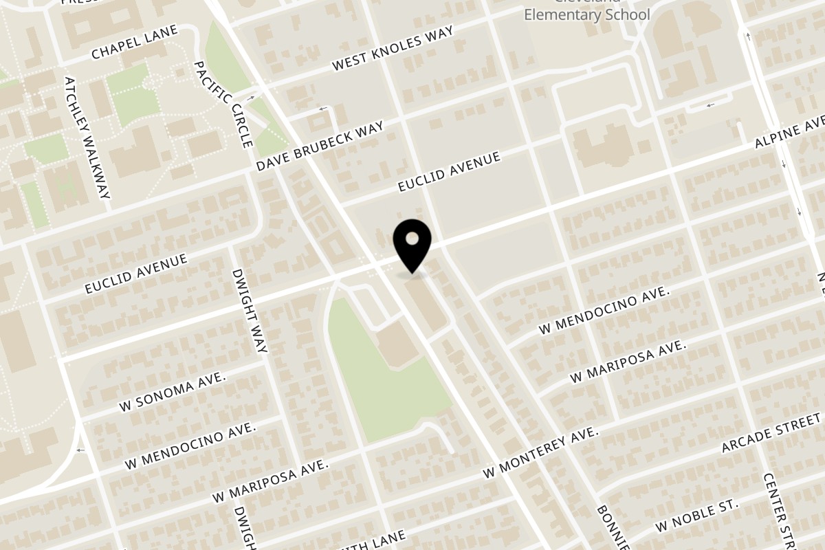 Map showing the location of Go Falafel Greek Food on 236 W Alpine Ave in Stockton